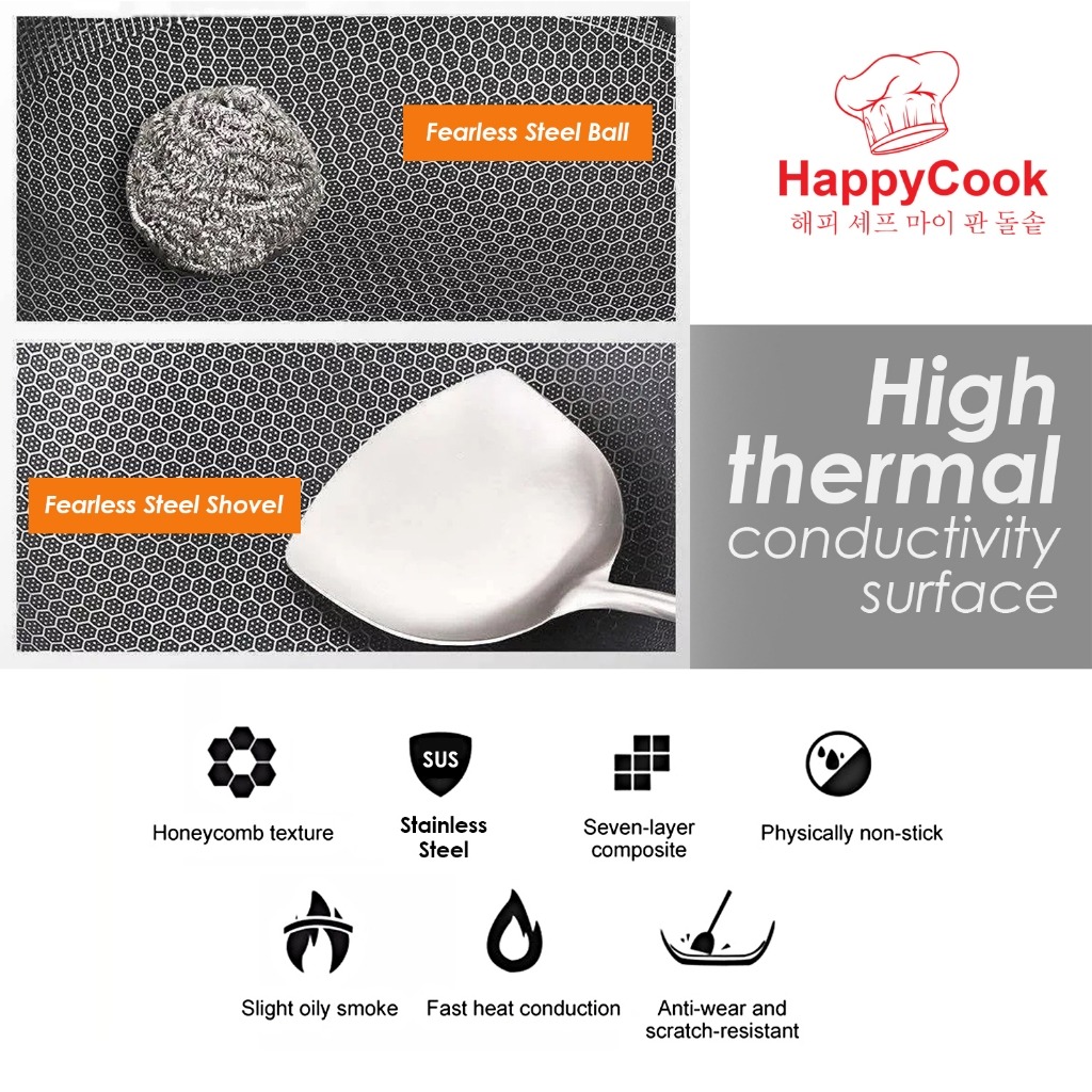 HappyCook Honeycomb Non Stick Frying Wok Pan With Lid (34cm) - Image 4