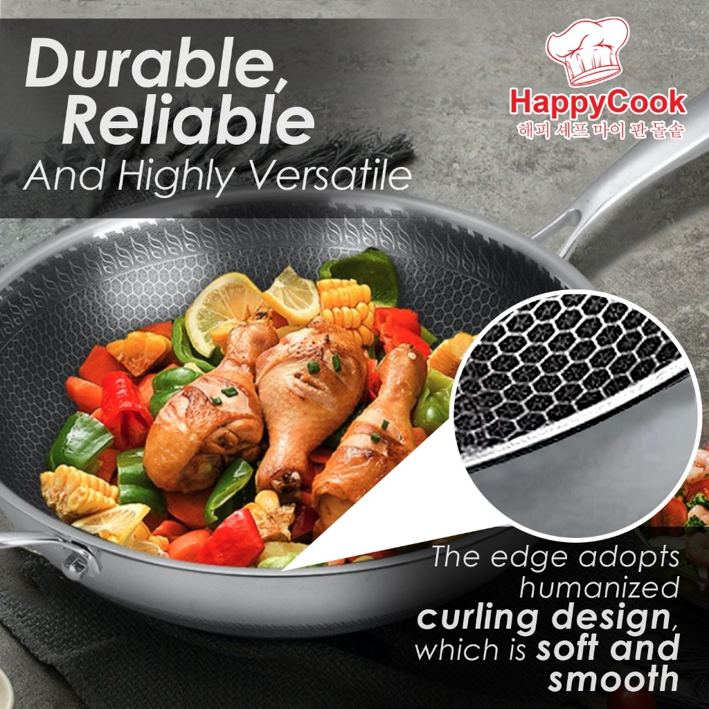 HappyCook Honeycomb Non Stick Frying Wok Pan With Lid (34cm) - Image 5