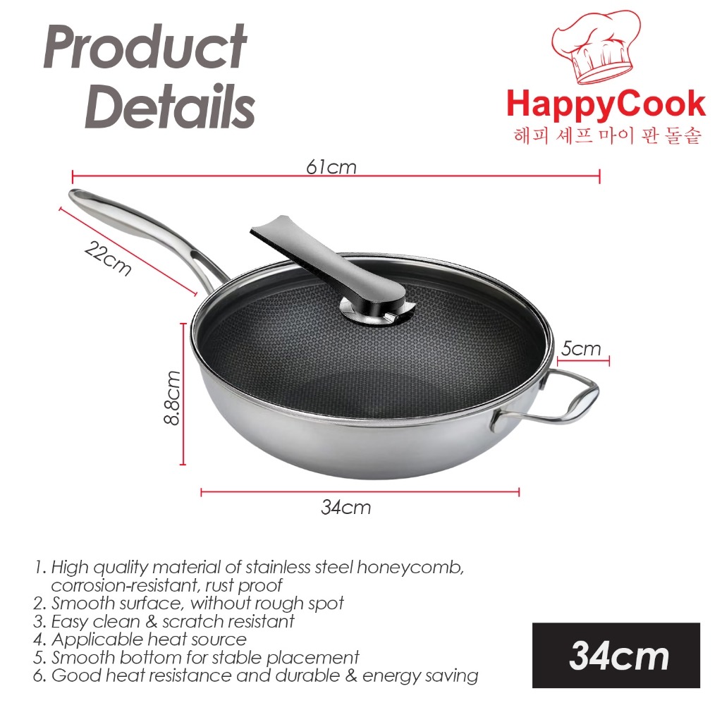 HappyCook Honeycomb Non Stick Frying Wok Pan With Lid (34cm) - Image 8