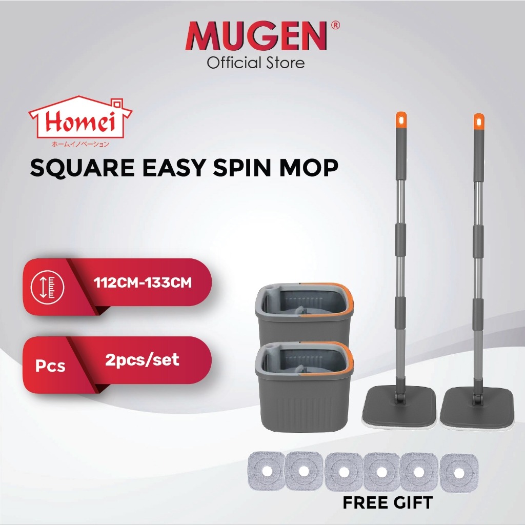Homei Square Easy Spin Mop With Bucket (2 Pcs) - 6 FREE Mop Pads