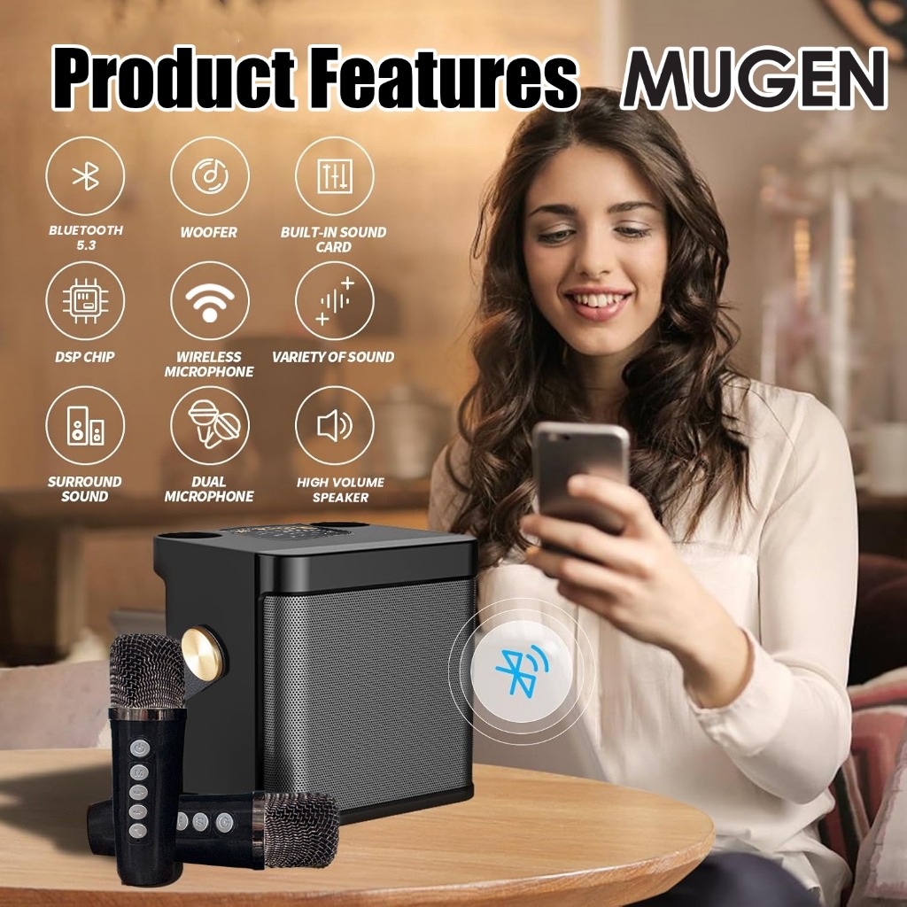 MUGEN Wireless Bluetooth Stereo Speaker Dual Microphone Portable Karaoke Set - Image 8