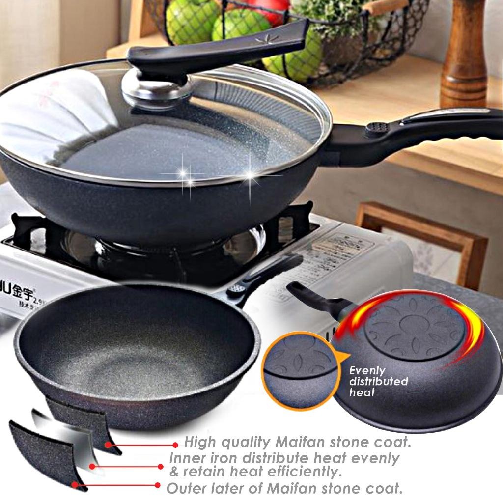 HappyCook Maifan Marble Stone Korean Non-Stick Frying Wok Pan (32cm) - Image 4
