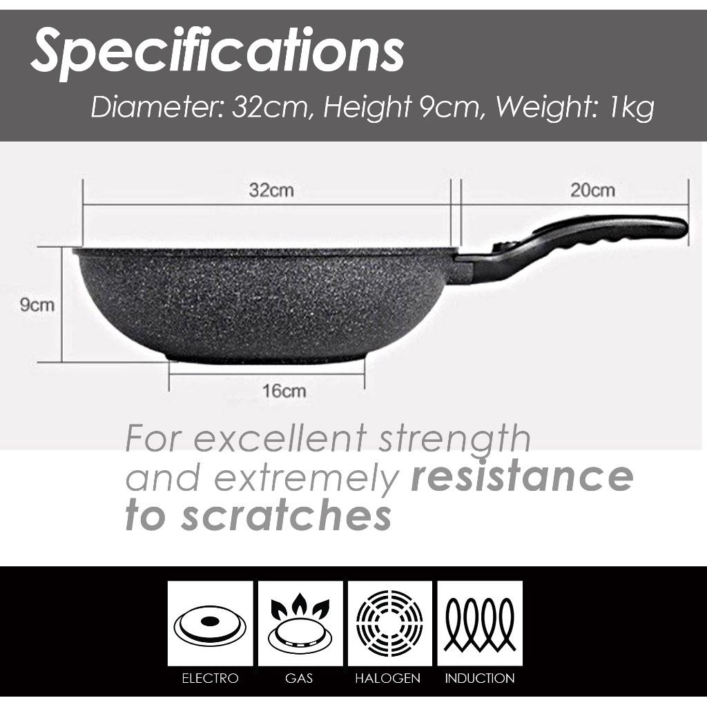 HappyCook Maifan Marble Stone Korean Non-Stick Frying Wok Pan (32cm) - Image 8