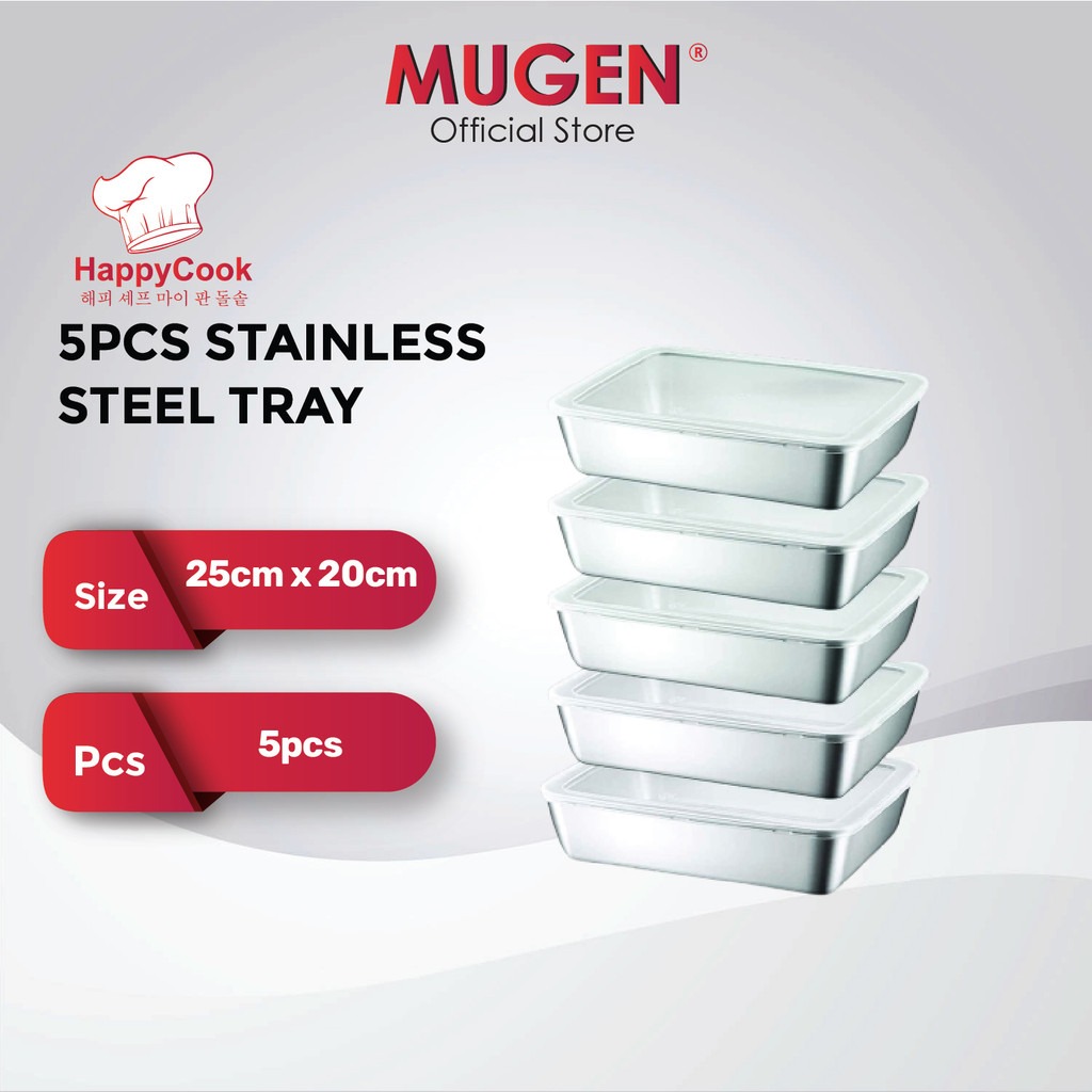 HappyCook Stainless Steel Tray Set With Cover Lid (5 Pcs)