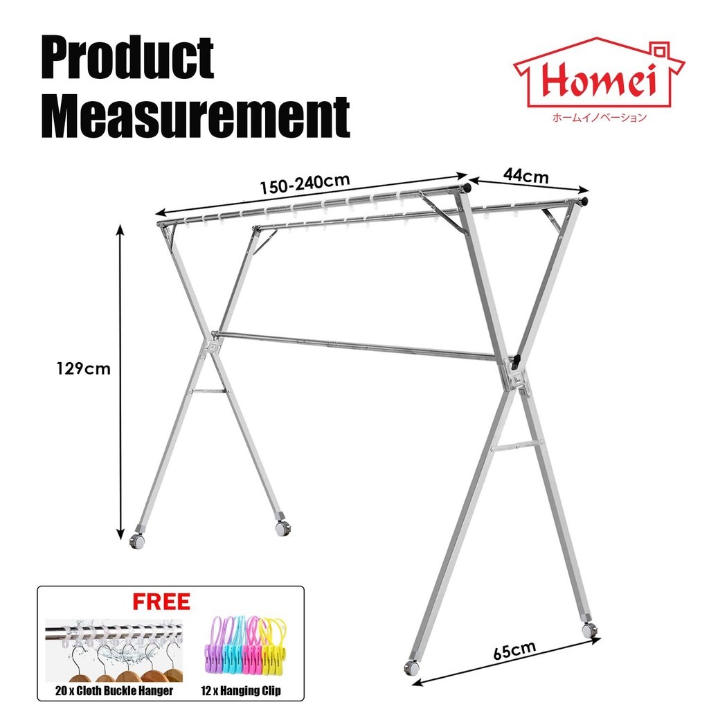 Homei Stainless Steel Extendable Clothes Laundry Drying Rack With Wheels (150 - 240cm) - Image 9
